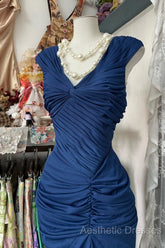 Vintage Fashion Mermaid V Neckline Navy Blue Floor Length Evening Dresses Evening Prom Dresses